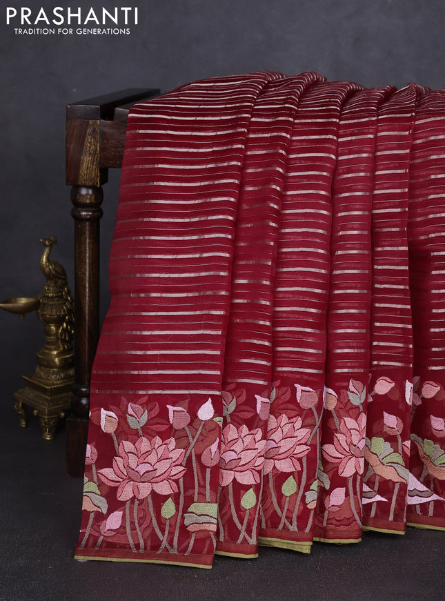 Pure organza silk saree maroon with allover silver zari weaves and floral embroidery border
