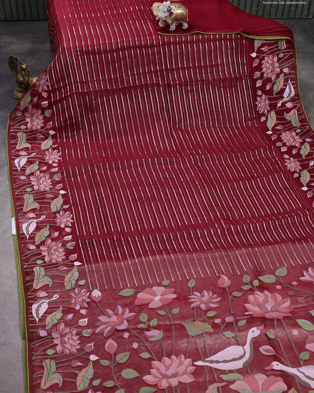 Pure organza silk saree maroon with allover silver zari weaves and floral embroidery border