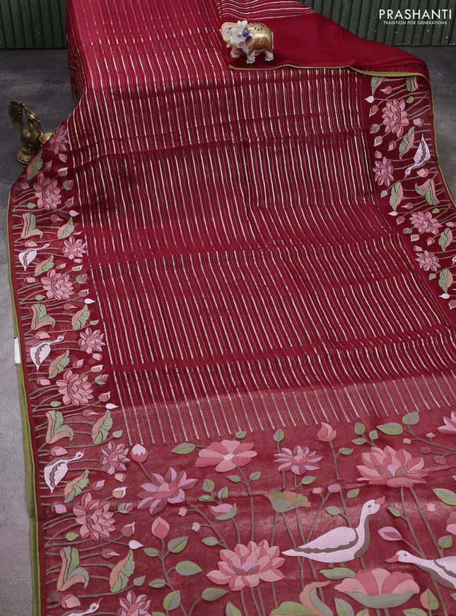 Pure organza silk saree maroon with allover silver zari weaves and floral embroidery border
