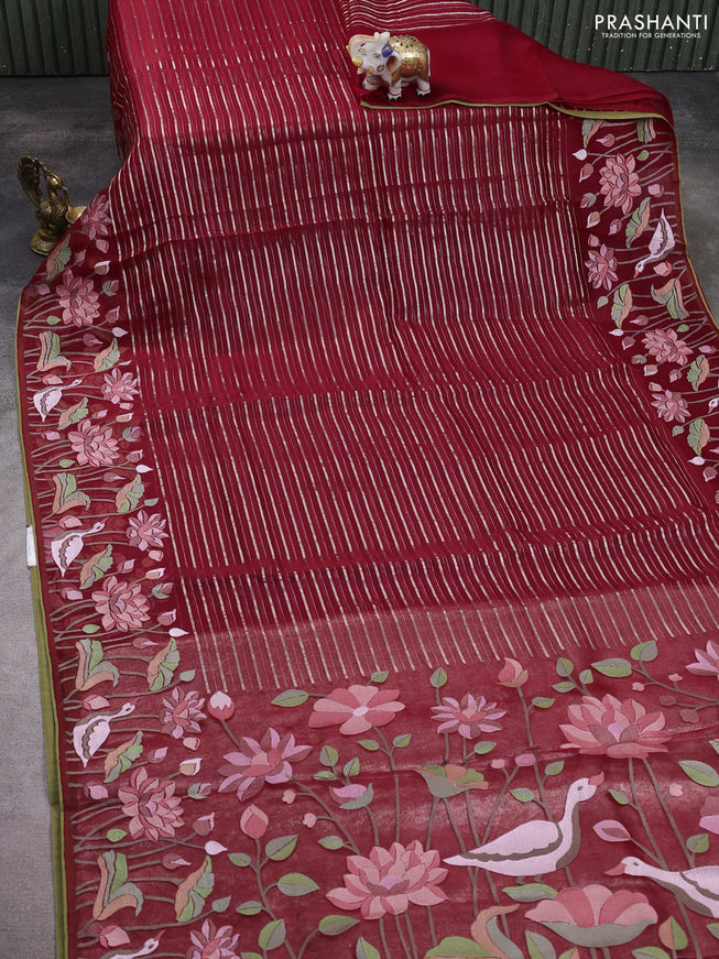 Pure organza silk saree maroon with allover silver zari weaves and floral embroidery border