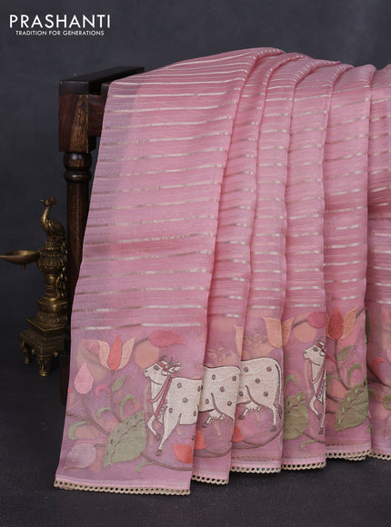 Pure organza silk saree peach shade with allover silver zari weaves and pichwai embroidery border