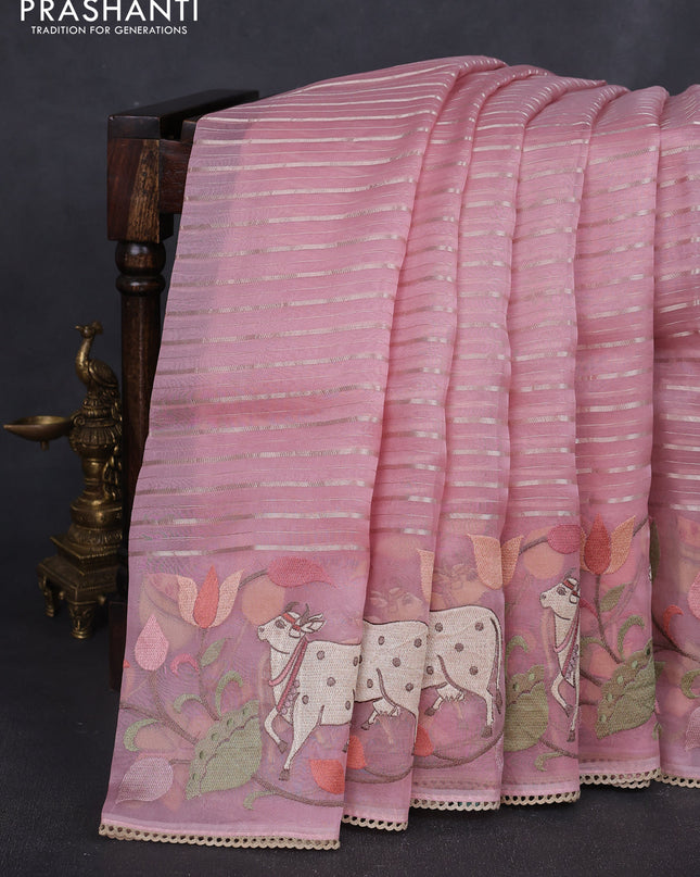 Pure organza silk saree peach shade with allover silver zari weaves and pichwai embroidery border
