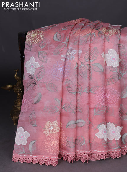 Pure organza silk saree peach shade with floral embroidery work and lace work border