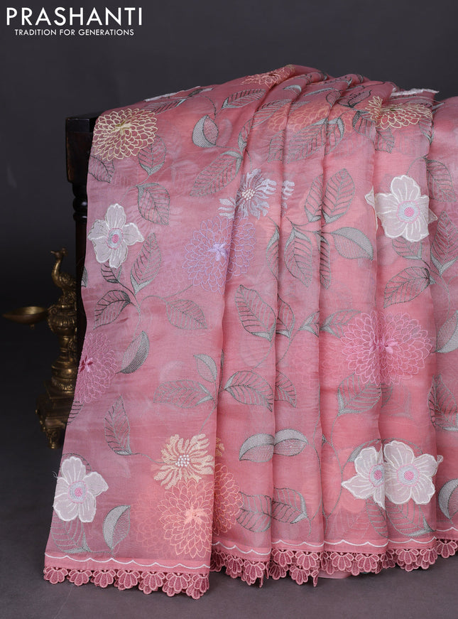 Pure organza silk saree peach shade with floral embroidery work and lace work border
