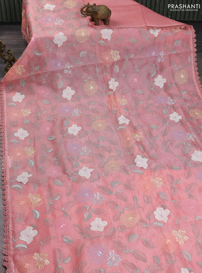 Pure organza silk saree peach shade with floral embroidery work and lace work border
