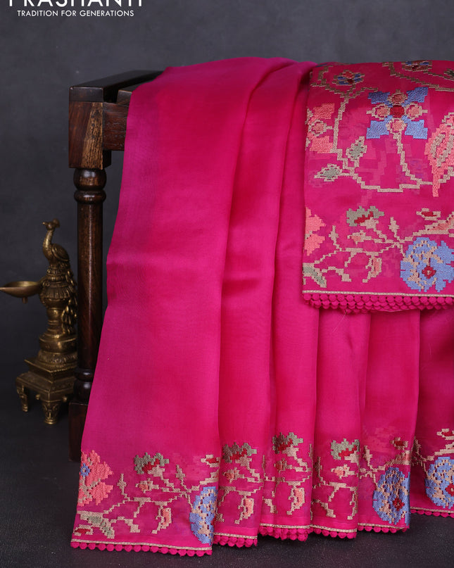 Pure organza silk saree magenta pink with plain body and embroidery border