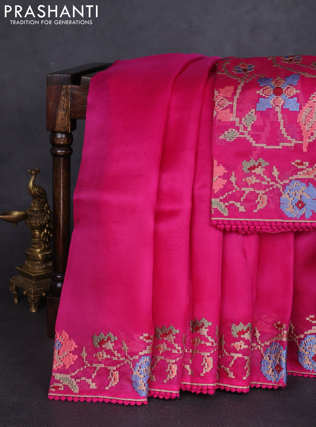 Pure organza silk saree magenta pink with plain body and embroidery border
