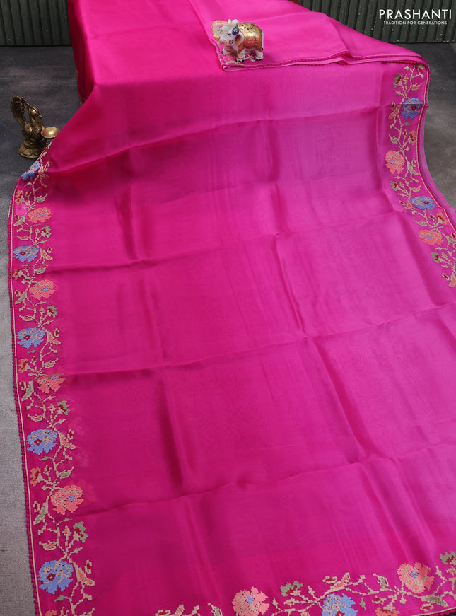 Pure organza silk saree magenta pink with plain body and embroidery border