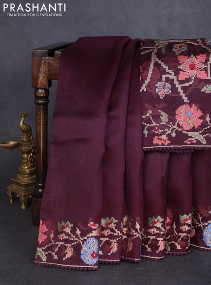 Pure organza silk saree purple and wine shade with plain body and floral embroidery border