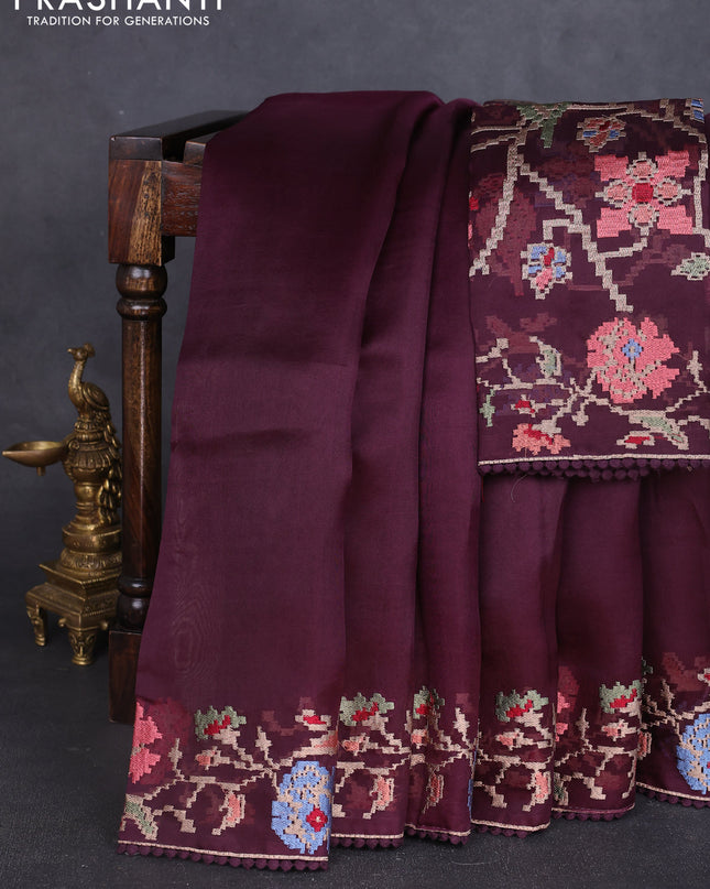 Pure organza silk saree purple and wine shade with plain body and floral embroidery border