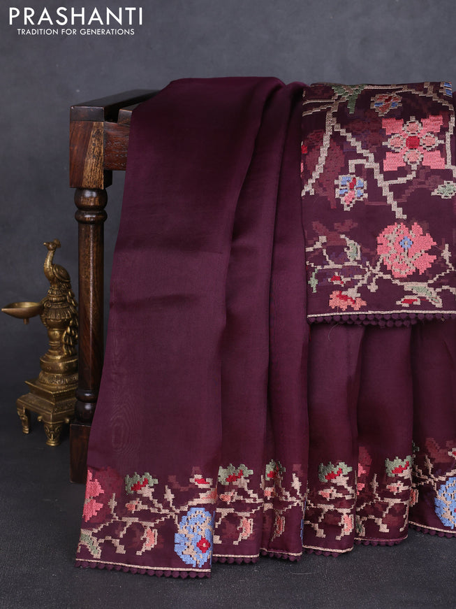 Pure organza silk saree purple and wine shade with plain body and floral embroidery border