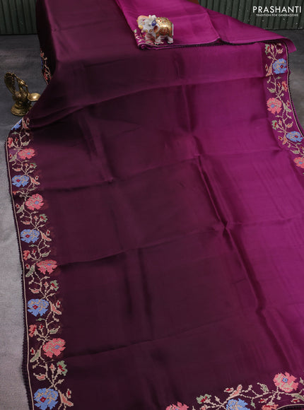 Pure organza silk saree purple and wine shade with plain body and floral embroidery border