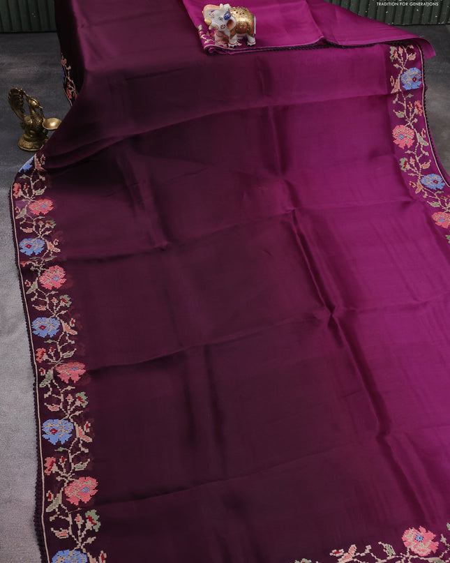 Pure organza silk saree purple and wine shade with plain body and floral embroidery border