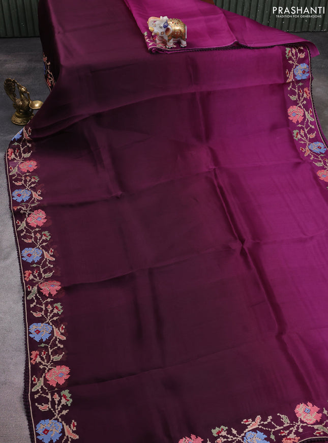 Pure organza silk saree purple and wine shade with plain body and floral embroidery border