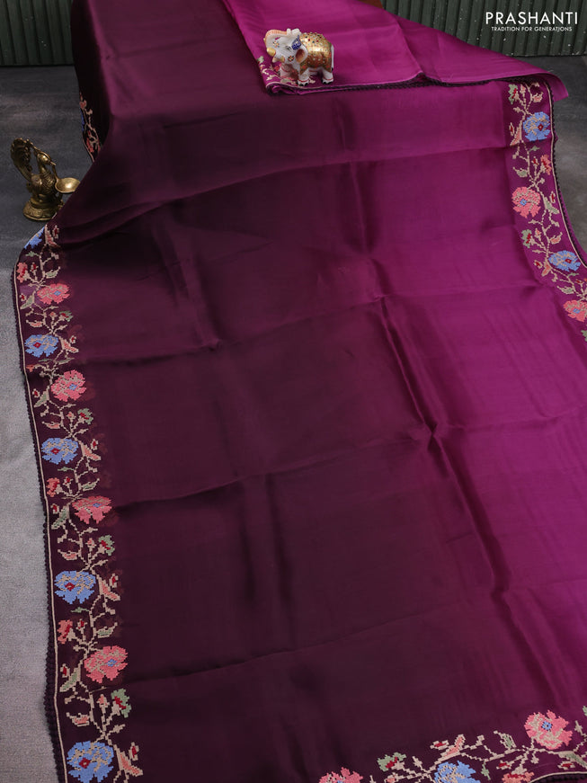 Pure organza silk saree purple and wine shade with plain body and floral embroidery border