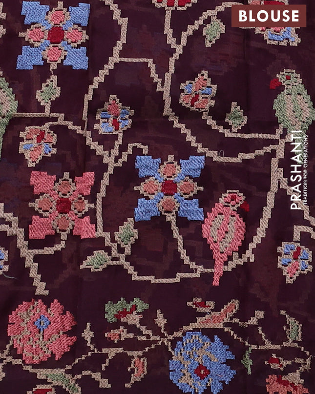 Pure organza silk saree purple and wine shade with plain body and floral embroidery border