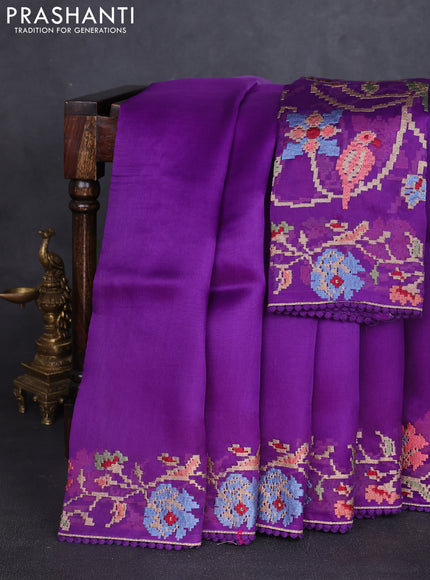 Pure organza silk saree violet with plain body and floral embroidery border