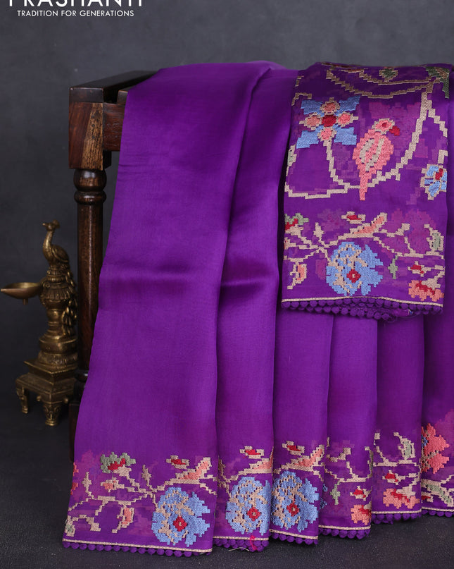 Pure organza silk saree violet with plain body and floral embroidery border