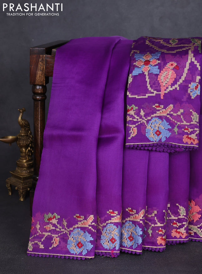 Pure organza silk saree violet with plain body and floral embroidery border