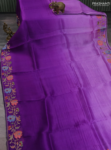 Pure organza silk saree violet with plain body and floral embroidery border