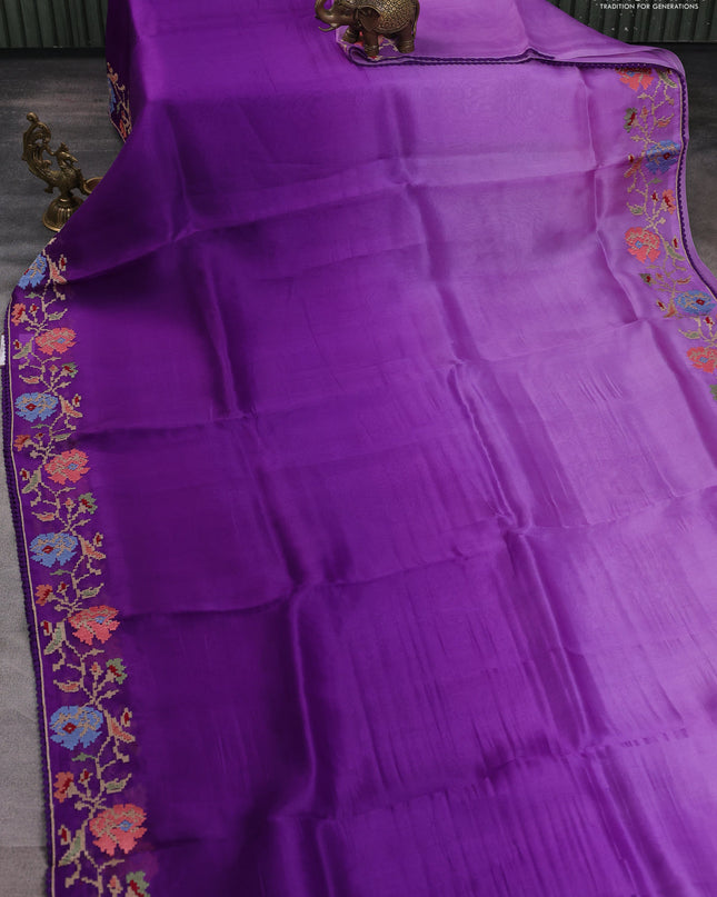 Pure organza silk saree violet with plain body and floral embroidery border