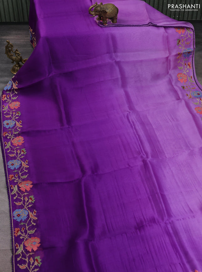 Pure organza silk saree violet with plain body and floral embroidery border