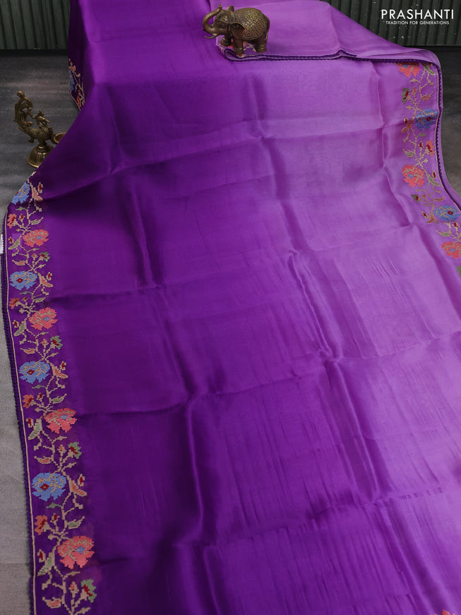 Pure organza silk saree violet with plain body and floral embroidery border