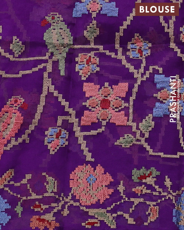 Pure organza silk saree violet with plain body and floral embroidery border