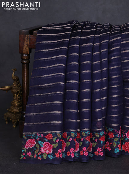 Pure organza silk saree navy blue with allover zari weaves and floral embroidery border