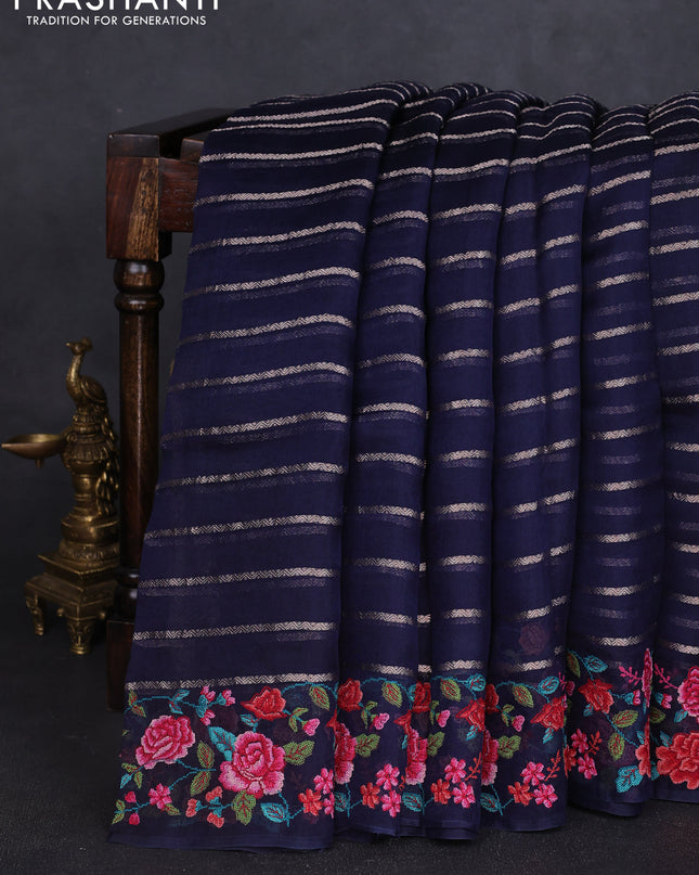 Pure organza silk saree navy blue with allover zari weaves and floral embroidery border