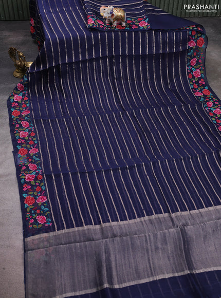 Pure organza silk saree navy blue with allover zari weaves and floral embroidery border
