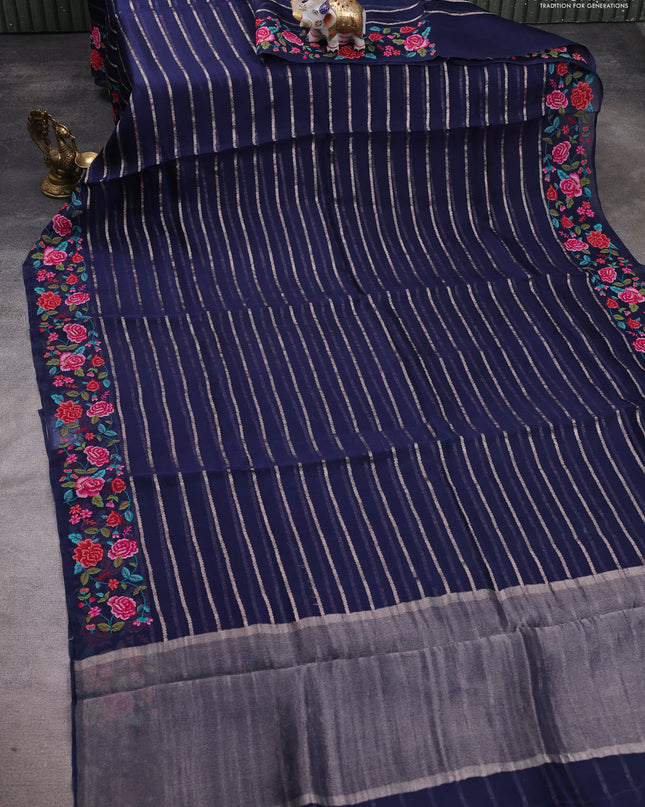 Pure organza silk saree navy blue with allover zari weaves and floral embroidery border