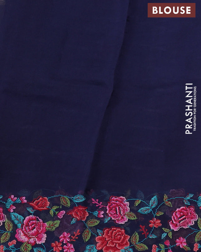 Pure organza silk saree navy blue with allover zari weaves and floral embroidery border