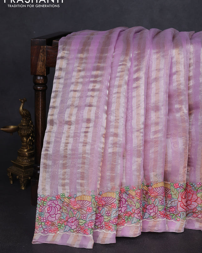 Pure organza silk saree lavender with allover silver & zari stripes pattern and floral embroidery border