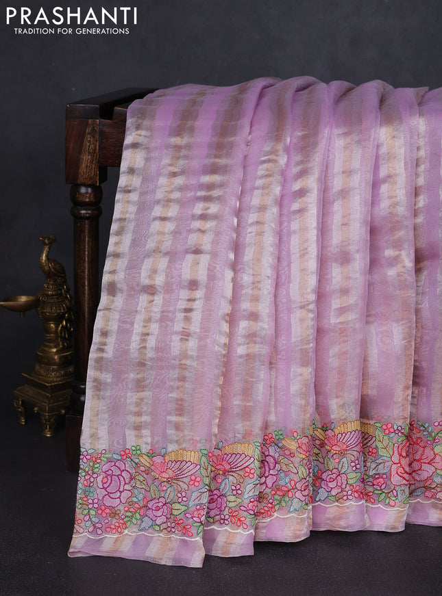 Pure organza silk saree lavender with allover silver & zari stripes pattern and floral embroidery border