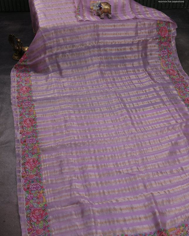 Pure organza silk saree lavender with allover silver & zari stripes pattern and floral embroidery border