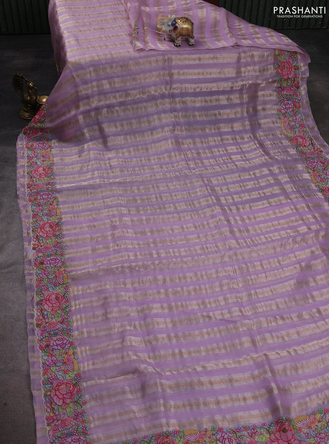 Pure organza silk saree lavender with allover silver & zari stripes pattern and floral embroidery border