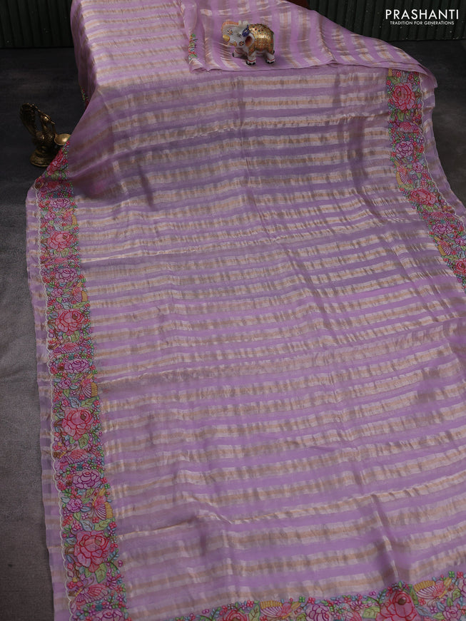 Pure organza silk saree lavender with allover silver & zari stripes pattern and floral embroidery border