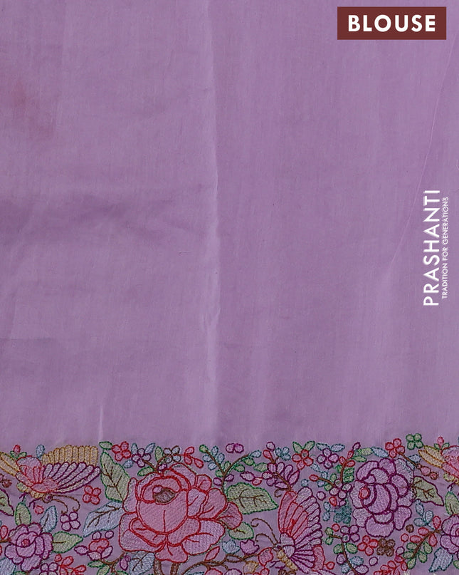 Pure organza silk saree lavender with allover silver & zari stripes pattern and floral embroidery border