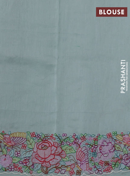 Pure organza silk saree pastel green with allover silver & zari stripes pattern and floral embroidery border