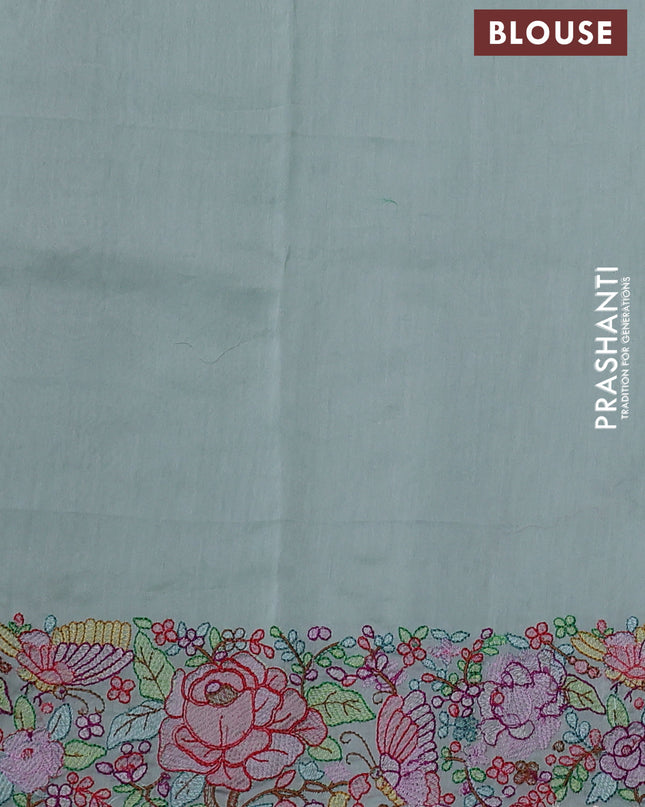 Pure organza silk saree pastel green with allover silver & zari stripes pattern and floral embroidery border