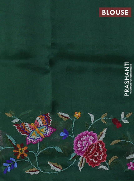 Pure organza silk saree bottle green with allover zari weaves and floral embroidery border