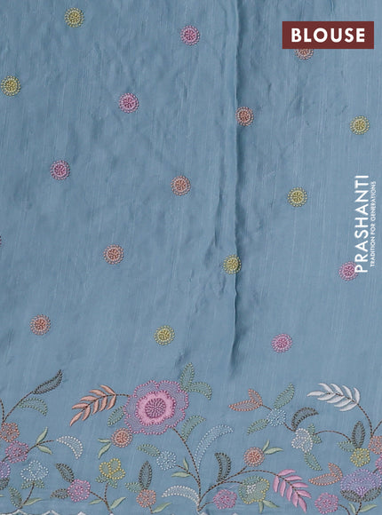 Pure organza silk saree blue shade with floral embroidery work and lace work border