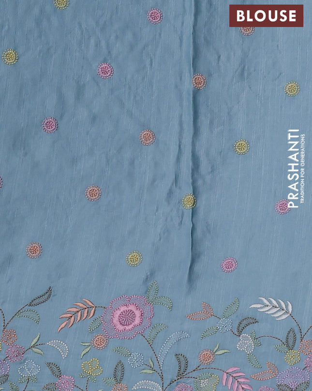 Pure organza silk saree blue shade with floral embroidery work and lace work border