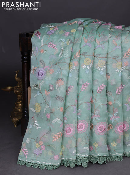 Pure organza silk saree pastel green with floral embroidery work and lace work border