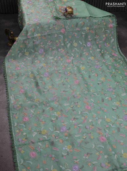 Pure organza silk saree pastel green with floral embroidery work and lace work border