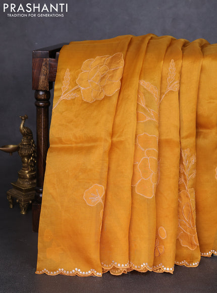 Pure organza silk saree mustard yellow with floral embroidery & pita work