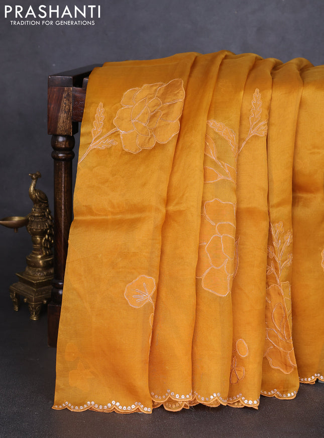 Pure organza silk saree mustard yellow with floral embroidery & pita work