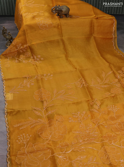 Pure organza silk saree mustard yellow with floral embroidery & pita work