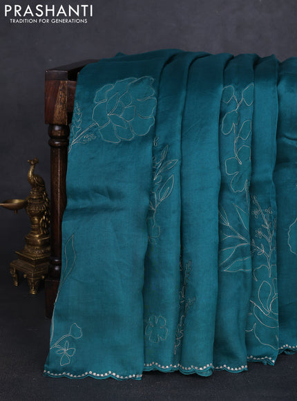 Pure organza silk saree teal green with floral embroidery & pita work
